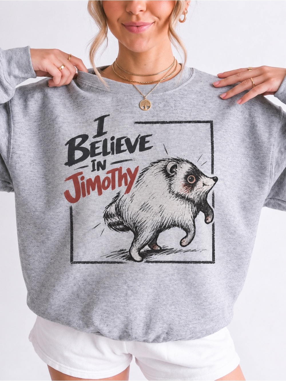 Gildan I Believe In Jimothy Raccoon Meme Graphic Sweatshirt Grey NWT
